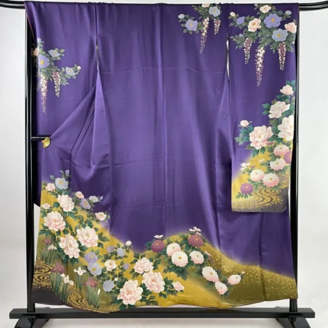 Japanese Kimono Furisode Pure Silk Moutan Calamus Foil Gold Paint Bluish Purple