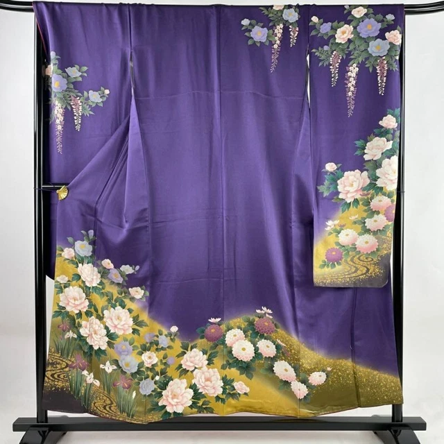 Japanese Kimono Furisode Pure Silk Moutan Calamus Foil Gold Paint Bluish Purple