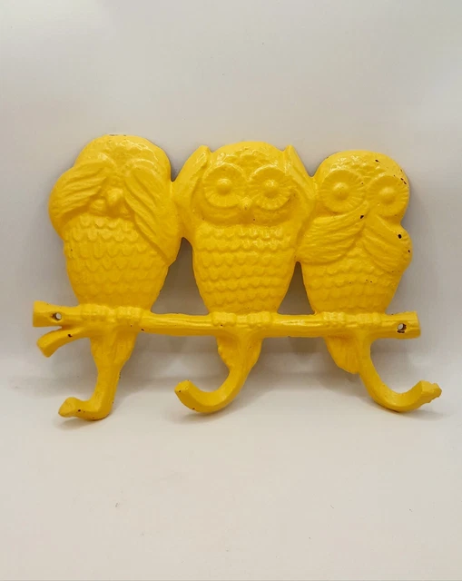 Vintage 70s Painted Cast Iron Owl Wall Hooks See Hear Speak No Evil Yellow Boho