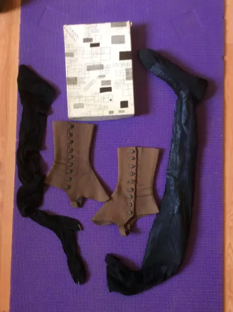 antique victorian ladies spats & blk nylon stockings near mint condition.