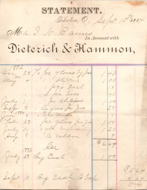 Piketon, Ohio 1884 Dieterich & Hammon Store Receipt Handwritten Last Name Barnes
