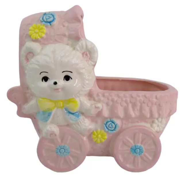 Vtg Caffco Baby Buggy Teddy Bear Ceramic Planter Pink Kitschy Nursery Japan