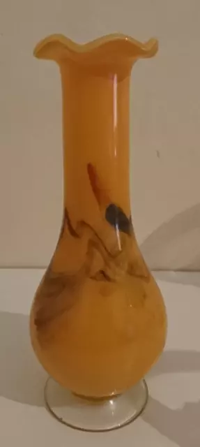 Dalian Glass - Orange Vase with Swirls - Footed, Ruffled Rim - 22cm, Retro