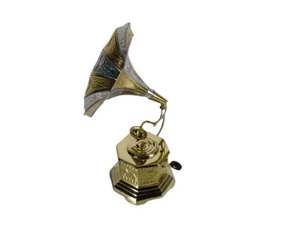 Nuovo grammofono da tavolo vintage in ottone rotondo con corno multiplo per...
