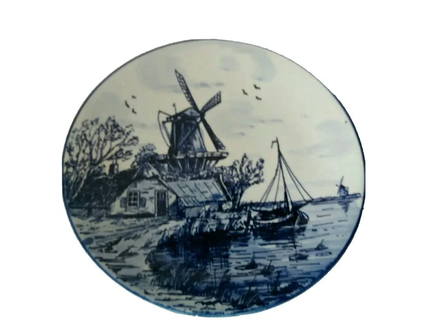 Vintage Dutch Delft Blue And White Handpainted Windmill And Boats Wall Plaque