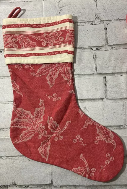 Restoration Hardware Red w/Poinsettia Pattern Linen Christmas Stocking 16.5”