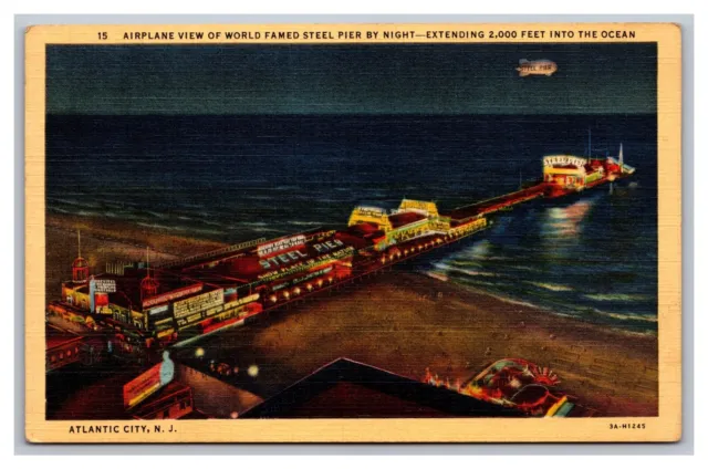 Atlantic City, NJ New Jersey, Steel Pier by Night, Airplane View, Linen Postcard