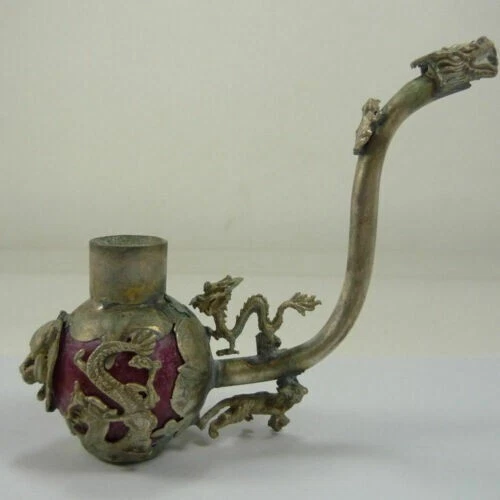Old Handwork Green Jade inlay Pipe Tibet Silver Dragon Smoking Pipe Collectible
