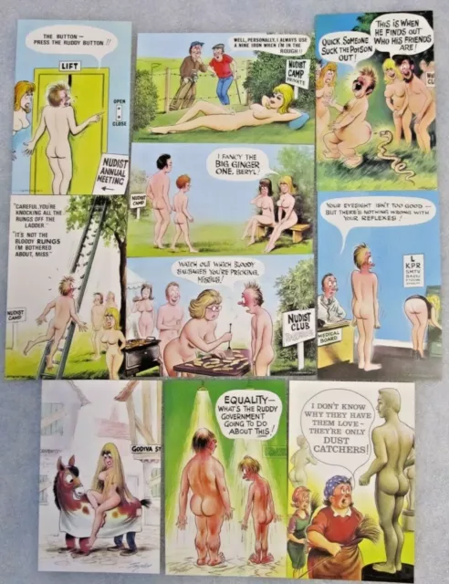 Bargain Lot of Ten Humorous NUDIST Camp related 1970's Bamforth COMIC Postcards