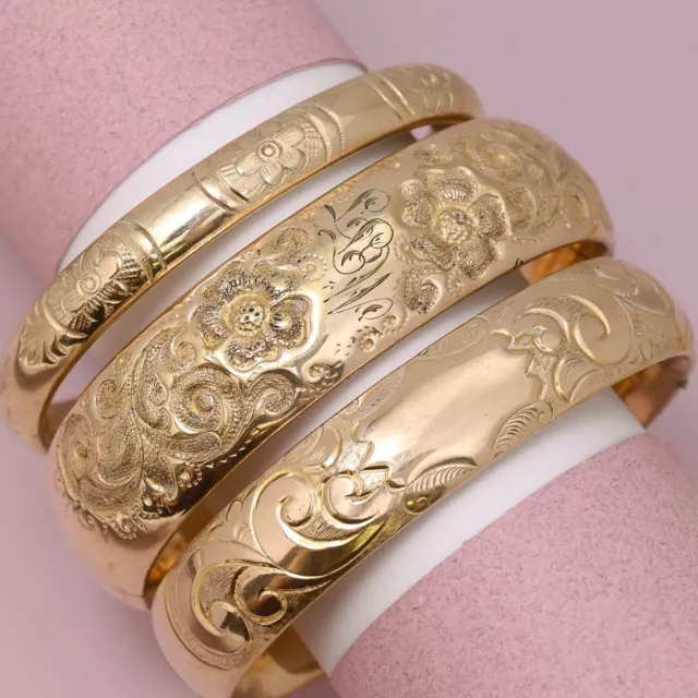 Antique Victorian Rose Yellow Gold Filled Wide Bangle Bracelet Set Lot