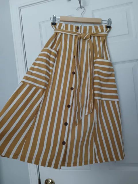 metrowear gold stripe skirt linen blnd Aline patch pockets elastic belt RETRO  S