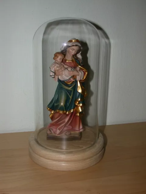 Madonna 18cm im Glasdom 25cm, Holzfigur  Holzschnitzerei Skulptur Glasglocke