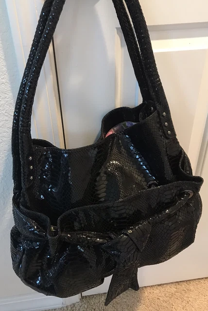 PERLINA New York Black Patent Reptile Print Large Shoulder Bag Handbag Tote