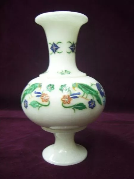 7" Blumenvase aus weißem Marmor, Malachit, Papageien-Intarsien,...