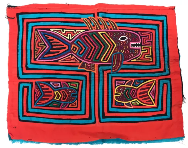 Vintage Mola Panama Textile Folk Art Fish Subject Hand Made Applique 17” x  13”
