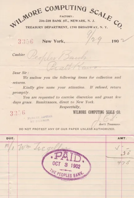 U.S. WILMORE COMPUTING SCALE CO. New York. Headed 1902 Paid Invoice Ref 45346