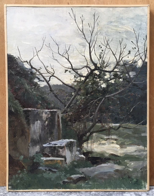 Tableau ancien aquarelle CHAMPS PAYSAGE ANGLAIS - HARRY