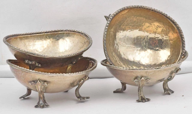 European Antique set of 4 matching 900 Silver Hand hammered Oval Salt cellars