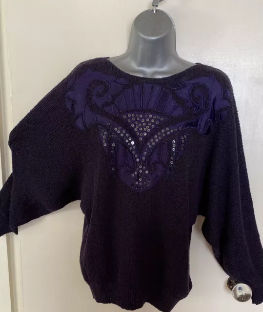 Maglione vintage Jacques verde viola pipistrello con applique e paillettes taglia appx 12