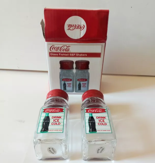 Coca Cola Glass Fishtail Salt Pepper Shakers Drink Ice Cold Coca Cola New