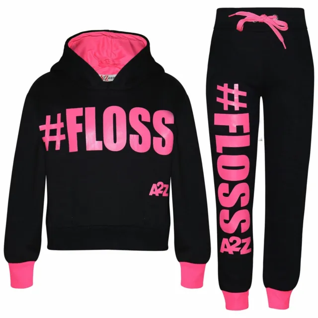 Kids Girls Jogging Suit Designer #Floss Hooded Crop Top Bottom Tracksuit 5-13Yr