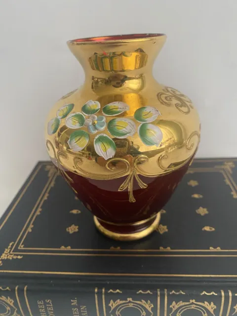 Beautiful Ruby Red Hand Painted Gold Gilt Bohemia Glass Small Vase