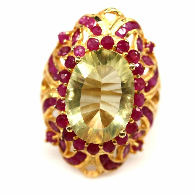 Natürlich 11 X 16 Mm. Zitronengelb Quarz & Rot Rubin Ring 925 Silber Größe 7.75