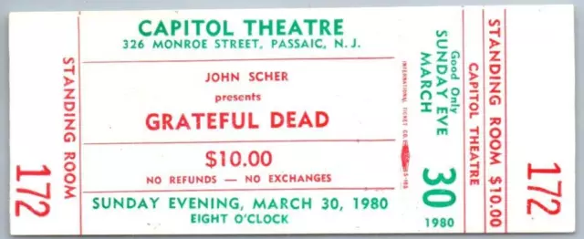 Grateful Dead Untorn Ticket Stub March 3 1980 Passaic New Jersey