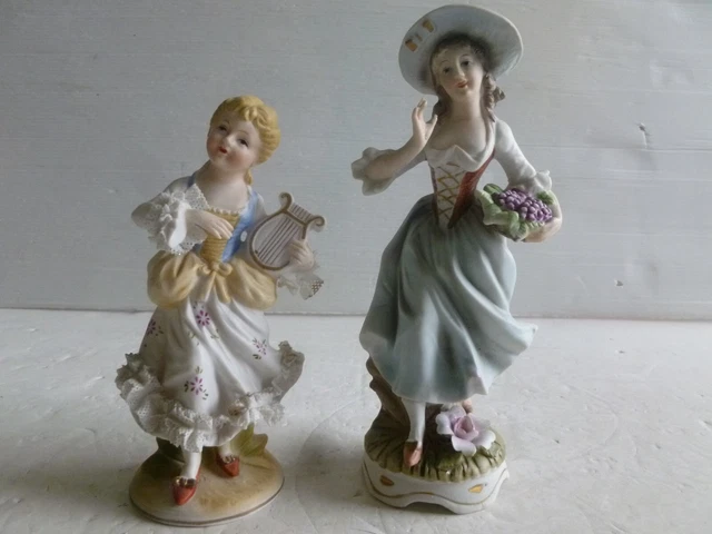 2 Ancien Sujet En Biscuit Polychrome Jeune Fille A La Lyre & Vendangeuse