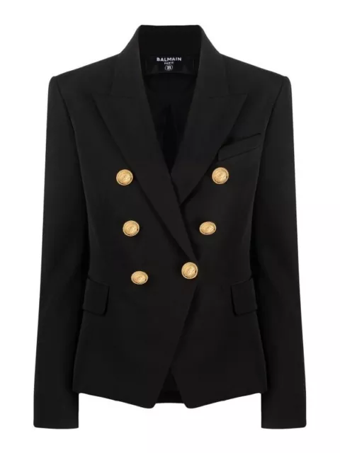 New BALMAIN Double-Breasted 100% Wool Blazer In Black-Size 44(European)/12(USA)