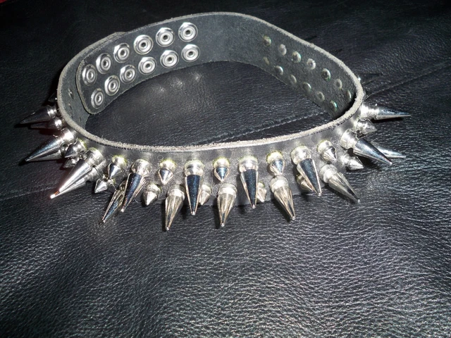 LEATHER CHOKER + SPIKES , 21 inches L. , Dog Collar -Button Snap - Free Shipping