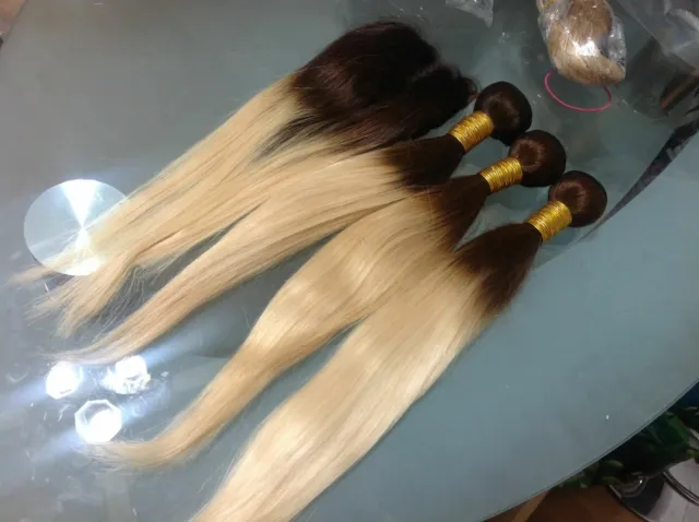 3Bundle+Closure 14+16+18&14 Peruvian Straight Hair 2Tone Ombre 4/613# Root Ombre
