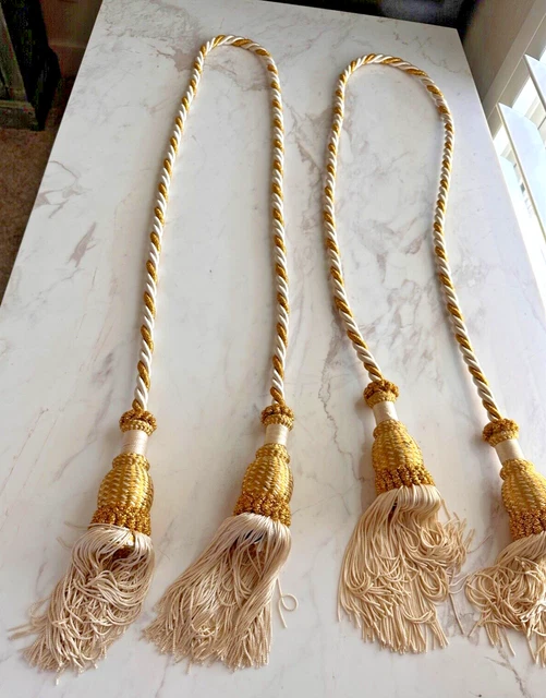 French Rope Tassel Curtain Drapery Tie Back Gold/White (Set of 2) Vintage