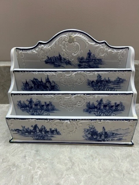 Antique Dutch Delft Makkum Hand Painted Blue White Letter Holder Windmills