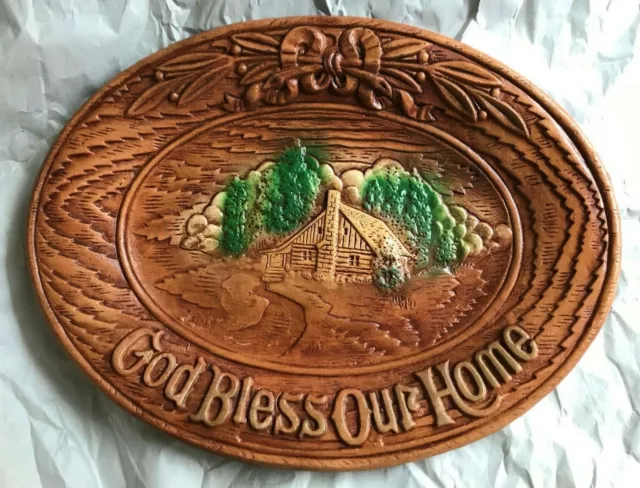 God Bless Our Home ~ Vintage Faux Wood Tray By Multi Products, Inc 1954 ~ EUC
