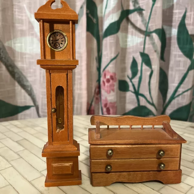 Vintage Handmade Wooden Miniature Dollhouse Furniture GRANDFATHER CLOCK & DESK