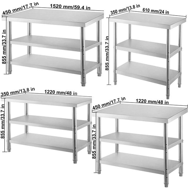 VEVOR Stainless Steel Commercial Kitchen Prep Work Table 2 Adjustable Undershelf 2