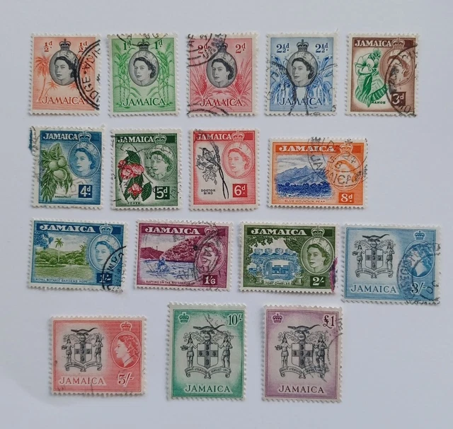 CSS204: Jamaica (1956).  Full Set Used (FU) Stamps to £1. SG159 - 174