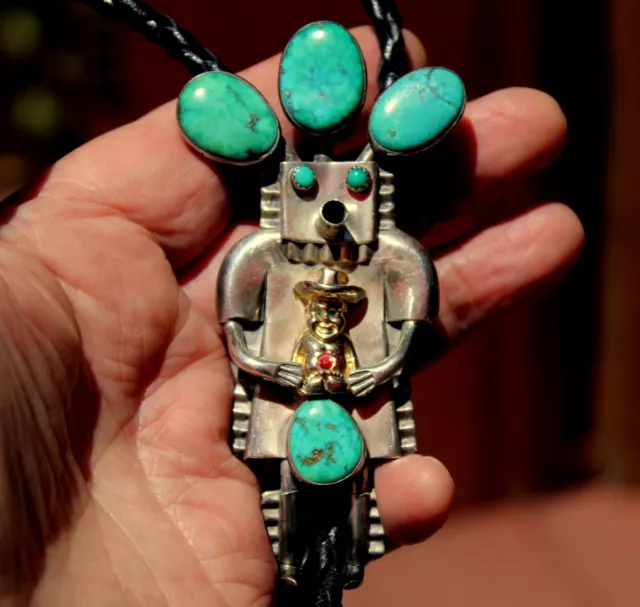 BIG Old Pawn JOHN LARSON Navajo Sterling Silver Turquoise Stone Kachina Bolo Tie