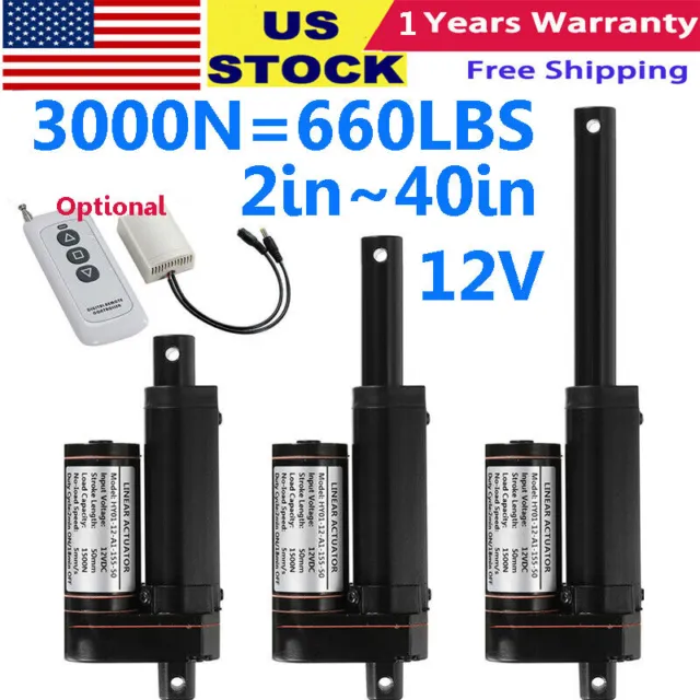 12V Linear Actuator Heavy Duty Long Stroke 2"~40" 660lbs Waterproof Fast Speed