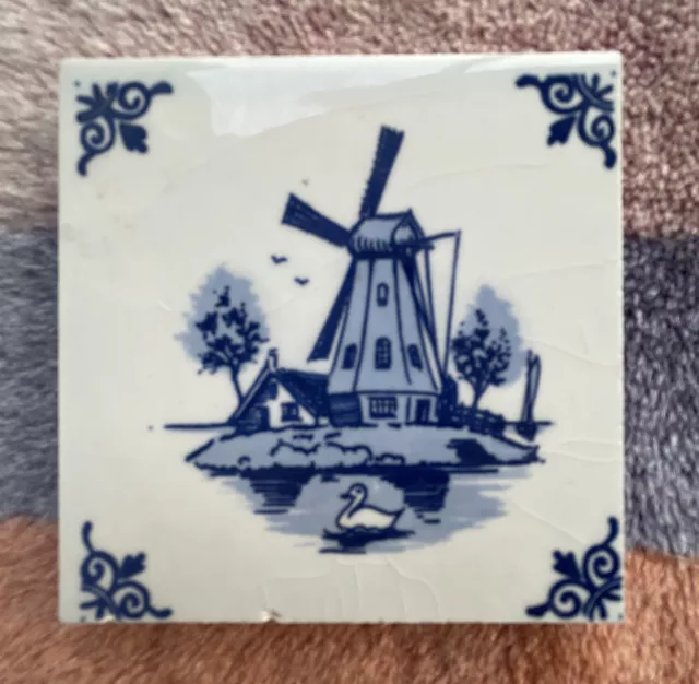 Copy ? of Antique Delft Tile 17th Century Windmill Swan Blue &White Miniature