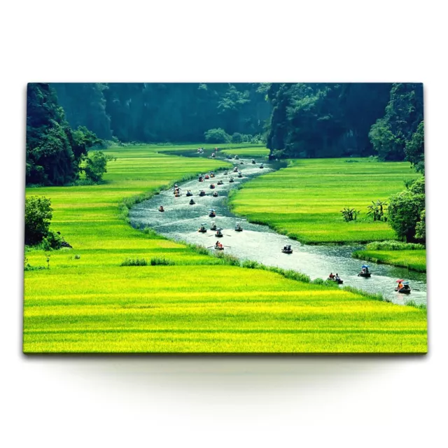 120x80cm Wandbild auf Leinwand Landschaftsbild Vietnam Fluss Boot Grün Berge