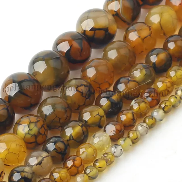 4/6/8/10/12mm Natural Yellow Dragon Veins Agate Round Gemstone Loose Beads 15''