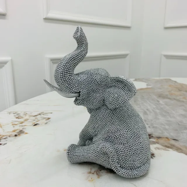 Silver Art Sparkly Glitzy Bling Sitting Baby Elephant Statue Ornament 13 x 21cm