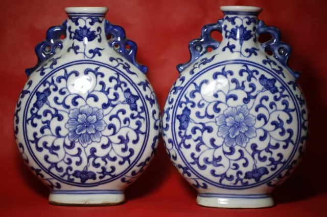 1pair Rare Antique fine Chinese beautiful Blue and white Porcelain flat Vase