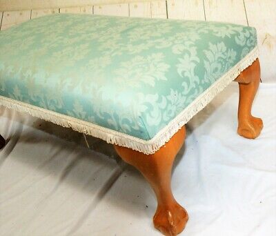 Antique Style Large Rectangular Wooden Low Hearth Stool + Green Upholstered Seat 3