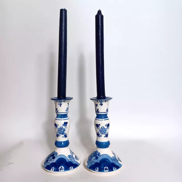 Delft Blue Tin Glazed Candlesticks Hand Painted Holland Set of 2