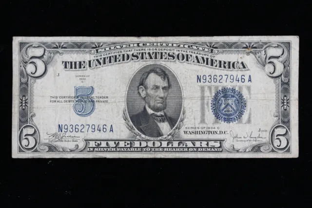 $5 1934C blue seal Silver Certificate Circulated N93627946A Exact Note Shown
