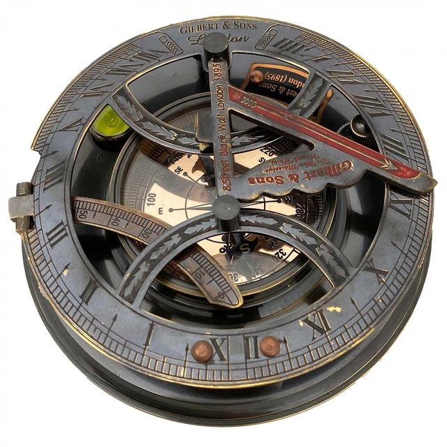Brújula de latón marítimo navegación reloj de sol estilo antiguo réplica (e)