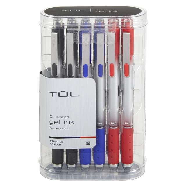 TUL Retractable Gel Pens, Bold Point, 1.0 mm, Silver Barrel, Assorted, 12-Pack